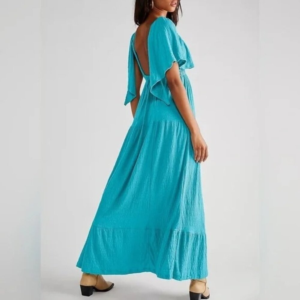 Turquoise Boho Maxi Dress Flutter Sleeves Resort Vacation Dress Womens Size S